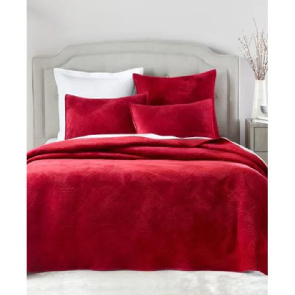 Charter Club Damask Coverlet Set Full/Queen Red Velvet with Shams 3-Pc BED79